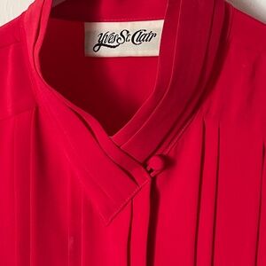 YVES ST. CLAIR Vintage Cherry Red Pleated Blouse – Asymmetrical Collar